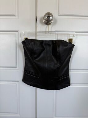 White Fox Boutique Black Faux Leather Bustier Top with Silver Zipper Size Small